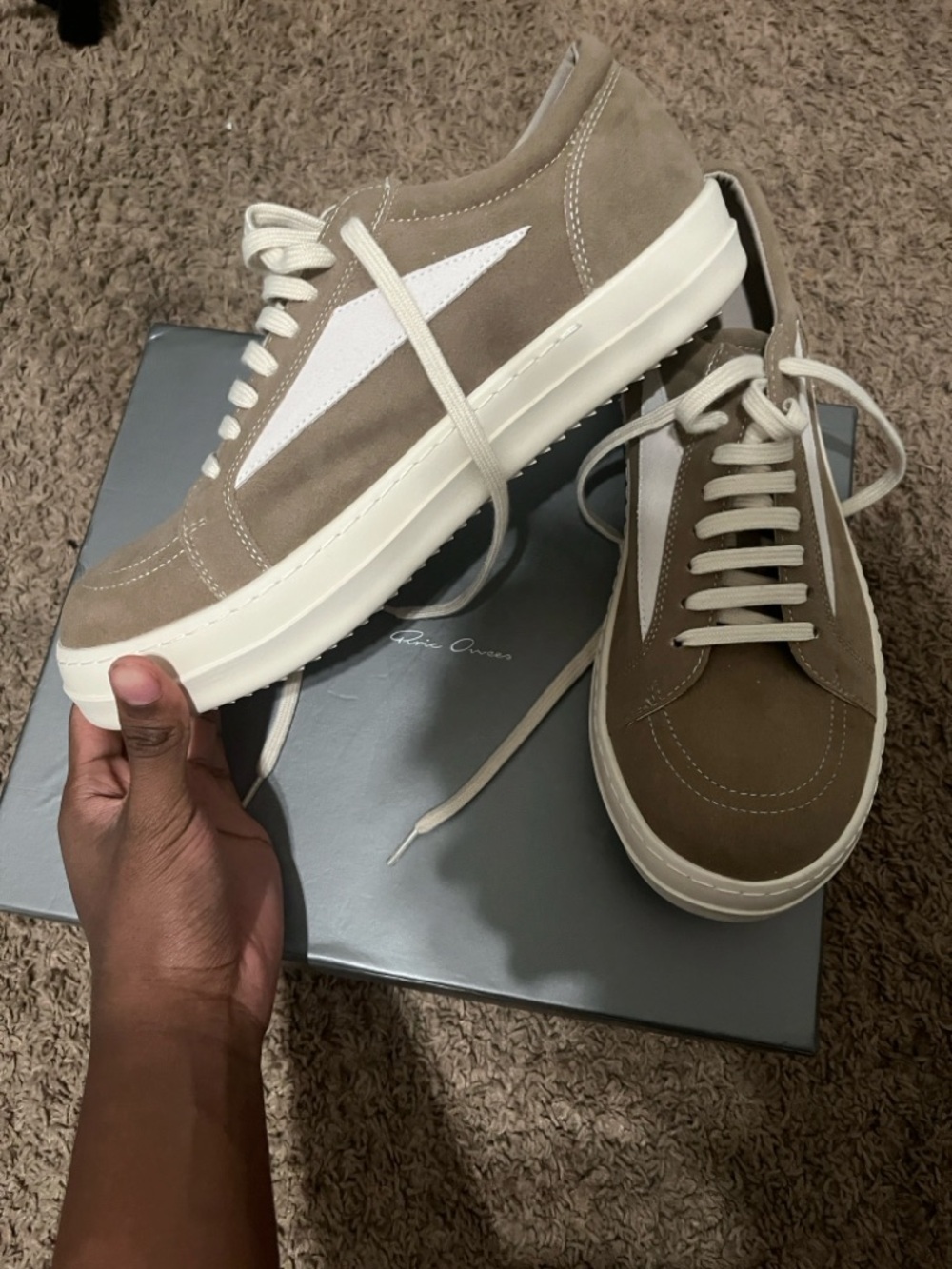 Rick Owens Suede Low-Top Sneakers in Taupe with White Accent